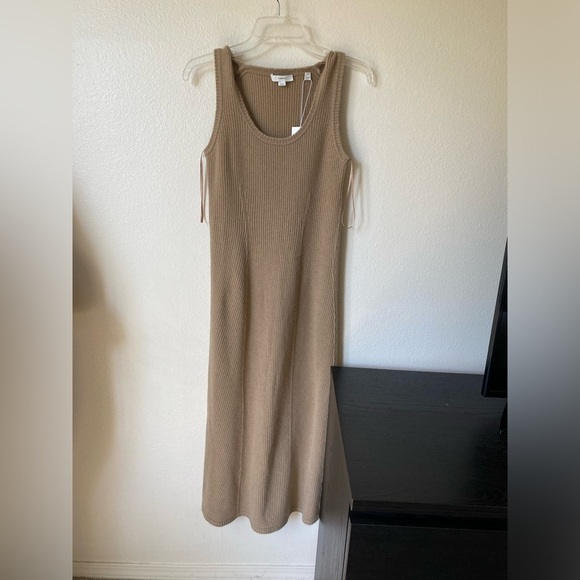 Vince Women’s Wool & Cashmere Ribbed Tank Dress Size XS Tan Raw Edge Midi Dress - Picture 2 of 9